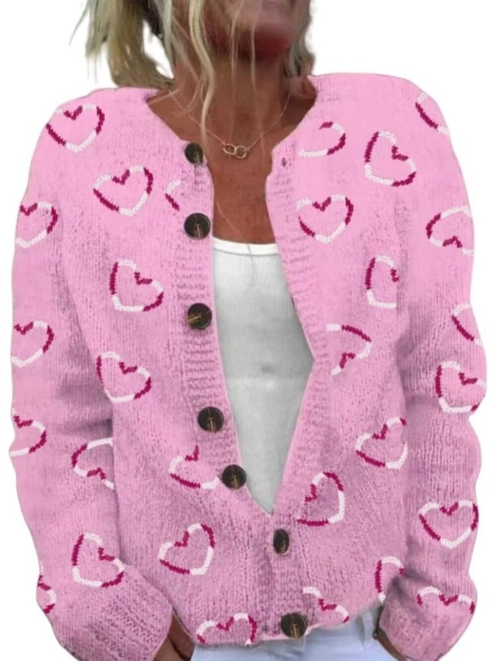 Women’s Pink Heart Pattern Print Valentine Knit Button Cardigan Sweater